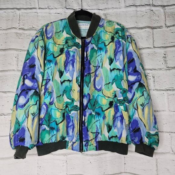 Silk World Abstract Graphic Pattern Ribbed Trim Bomber Jacket Blue Green Large - Picture 1 of 12